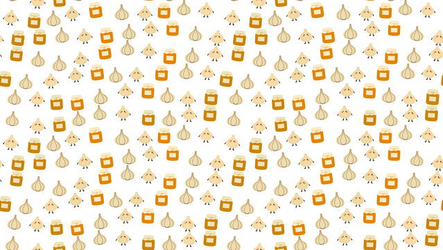 Seamless pattern of cartoon garlic and jars