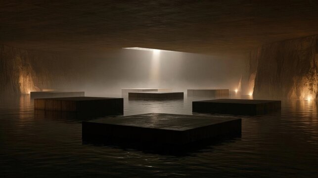 Dimly lit room with a dark and eerie atmosphere. the room appears to be a cave or underground passage, with a high ceiling and walls on either side.