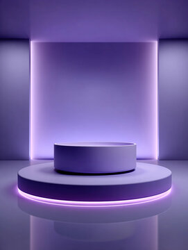 Empty round podium with purple neon backlight. Mockup design and product presentation concept. 3D digital illustration for poster, banner, card, template with copy space