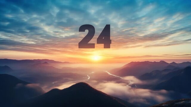 Cinematic Mountain Landscape with a River and Number 24 at Sunset