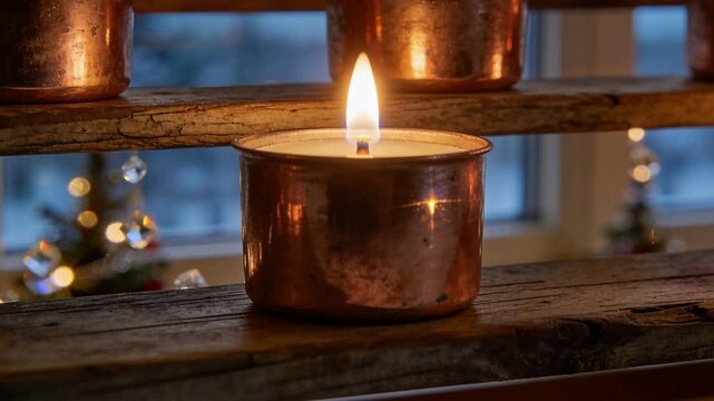Flickering votive candle shifting flame, casting glow on windowsill with copper tin and tree bokeh