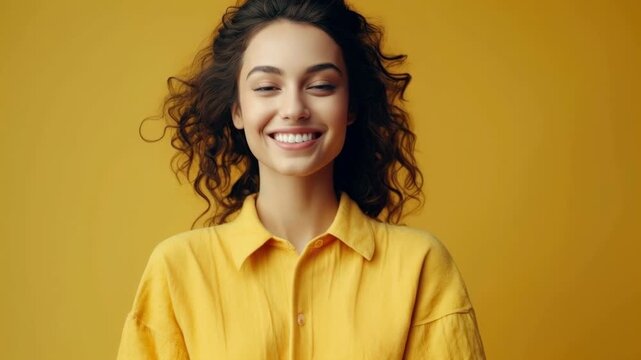 Smiling Woman with Curly Hair and Yellow Shirt on Yellow Background
