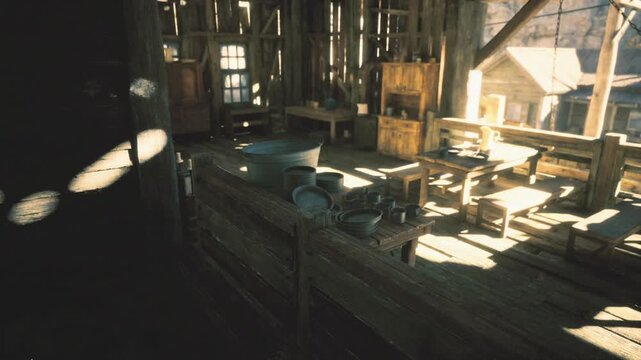 Wide sunlit carpentry hall with benches and scattered tools, long worktables catch warm light from high windows, instructional atmosphere hints at craft classes