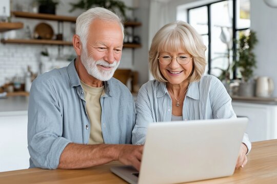 Happy senior couple smiling while browsing internet on laptop computer in kitchen