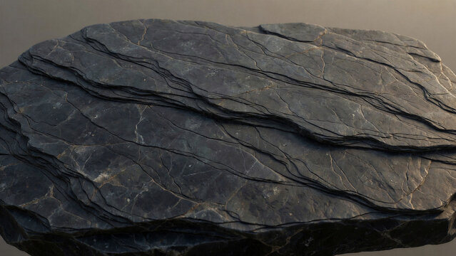 Eine dunkle Naturschieferplatte zeigt ihre charakteristische geschichtete Oberfl&auml;che und feinen Mineralstrukturen. Das minimalistische Materialbild kann als Hintergrund verwendet werden.