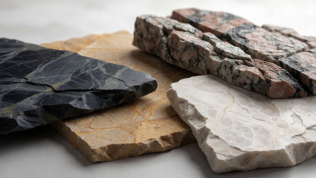 Verschiedene Natursteine wie Schiefer, Sandstein, Kalkstein und Granit werden als Materialsammlung pr&auml;sentiert.