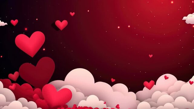 3D Animation of Floating Red Hearts and Soft Clouds in Dreamy Space