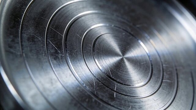 Shifting specular band sweeping across metal disc grooved rings in studio showing surface marks