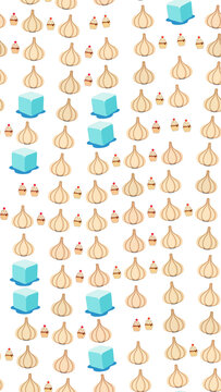 Seamless pattern of garlic bulbs, cupcakes, and blue cubes