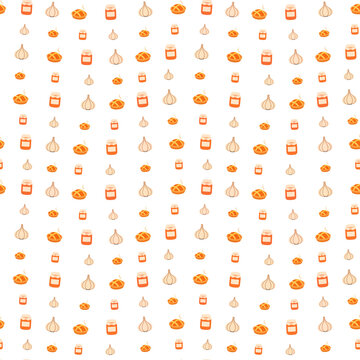 Seamless pattern of garlic, pies, and jars