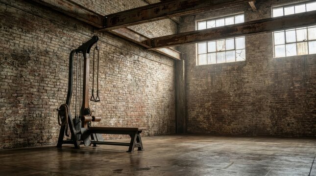 Vintage cable crossover machine in an old industrial gym with brick walls and large windows
