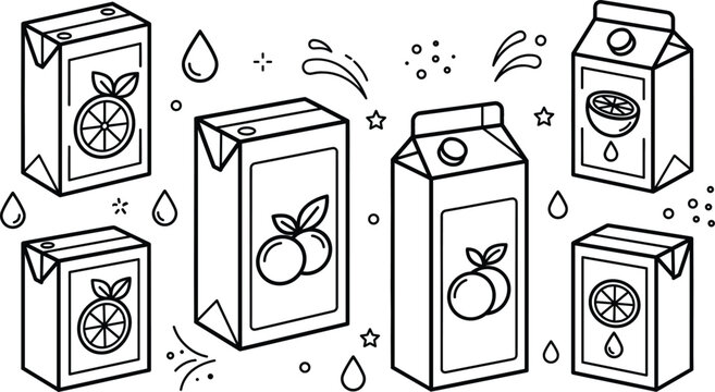 Fruit juice carton box packaging vector icons set featuring orange peach and berry doodles