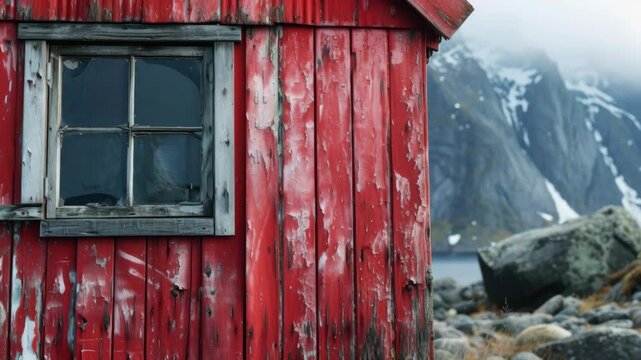 Weathered Red Cabin with Broken Window on a Mountain Coast