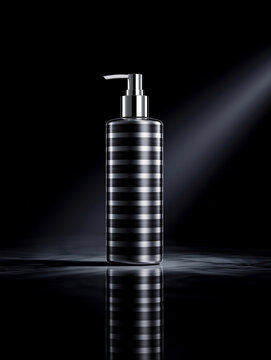 Striped black cosmetic pump bottle with metallic trim on dark background. Male cosmetics, premium toiletry concept. Close-up product display for packaging design, branding mockup.