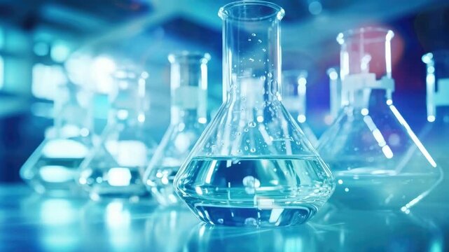 Close-up of a Chemical Flask with Bubbling Blue Liquid in a Laboratory