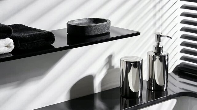 Sunlight through blinds sweeping across bathroom shelves with towels, stone bowl, chrome pump, cup