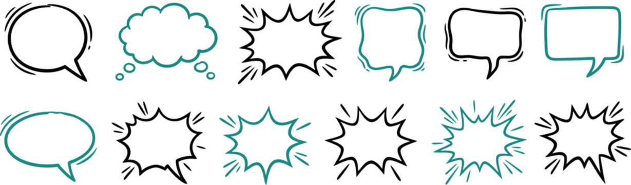 Collection of hand drawn speech bubbles and thought balloons in varying shapes