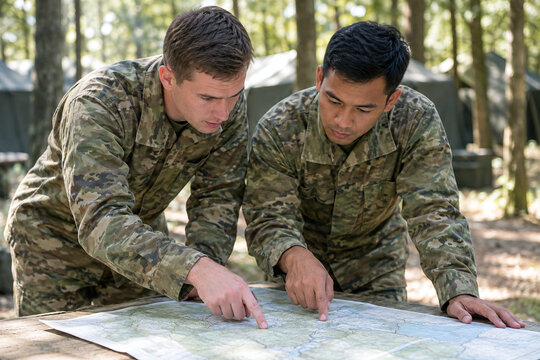 Two soldiers in camouflage uniform leaning over tactical map outdoors in forest camp, pointing at route during mission planning, military strategy and teamwork concept