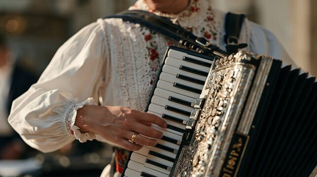 A Hungarian concert accordionist buckles her instrument straps over embroidered performance attire in a backstage corridor, floor monitor bleed audible from the previous act