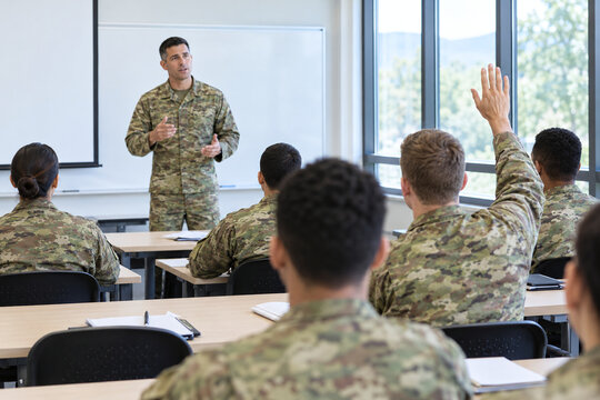 Military instructor in camouflage uniform teaching class of soldiers in classroom, one student raising hand to ask question, army training and education concept