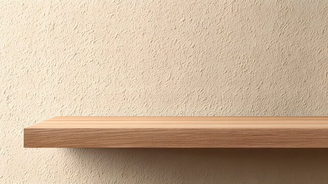 Empty wooden shelf mounted on light textured plaster wall providing copy space for product presentation.