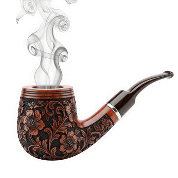 Ornate wooden smoking pipe with floral carvings isolated on transparent background