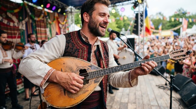 Male folk singer performing with a traditional stringed instrument on an outdoor stage. Live music concert at a summer cultural festival