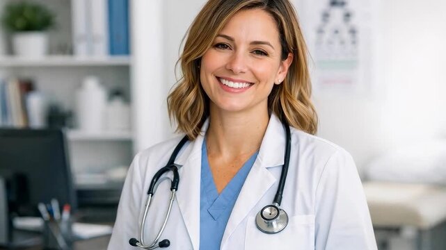 Smiling female doctor with stethoscope in a medical clinic