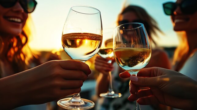 Golden hour light illuminates two wine glasses, clutched by smiling women, enjoying a rooftop celebration