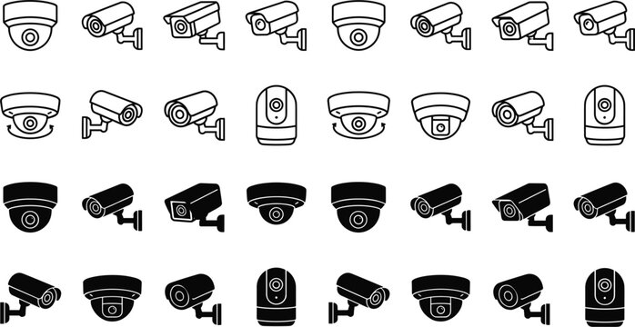 Vector illustration set of security CCTV camera line and solid icons for home safety, surveillance systems, property protection, and commercial video monitoring concepts