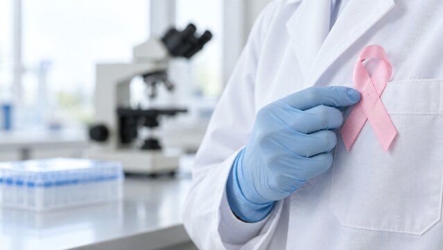 Scientist wearing lab coat and protective glove holding pink ribbon for breast cancer awareness in research laboratory with microscope