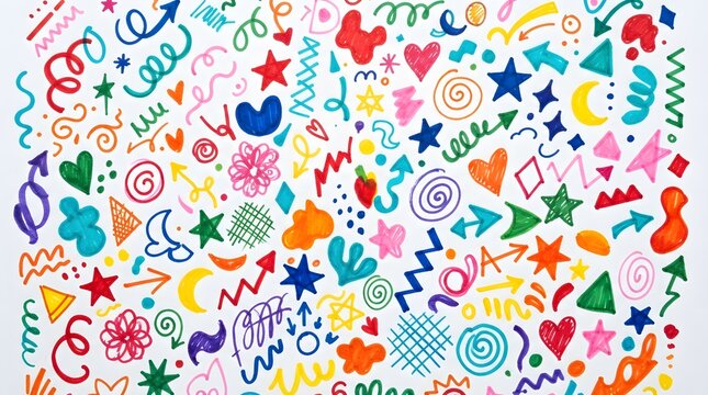 Vibrant and colorful abstract doodles of shapes, hearts, stars, and squiggles for playful backgrounds and designs.