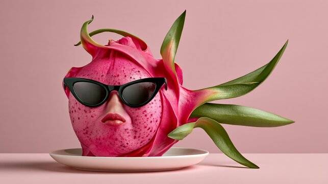 Dragon fruit wearing tiny black sunglasses on a white plate, funny fruit photo with copy space
