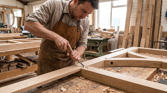 Skilled Carpenter Working with Chisel in Woodworking Workshop Crafting Wooden Frame. Concept of joinery workshop, wood, craftsman, craftsmanship, woodworker, hand tool.