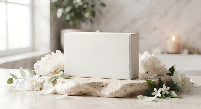 Minimalist white rectangle soap box packaging mockup on stone base with flowers.