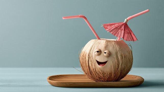 Coconut with a straw and tiny paper umbrella on wooden tray, relaxed drink photo with copy space