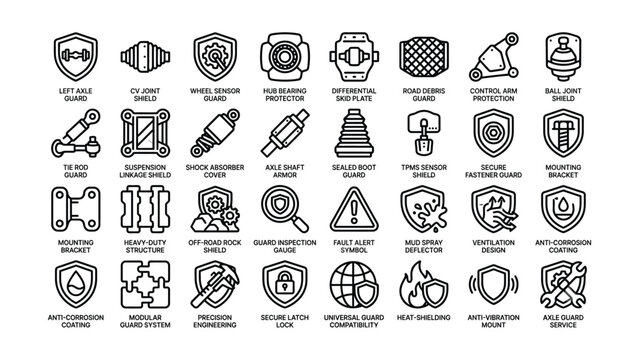 Collection of vehicle suspension and wheel protection parts icons with transparent backgrounds for industrial design projects