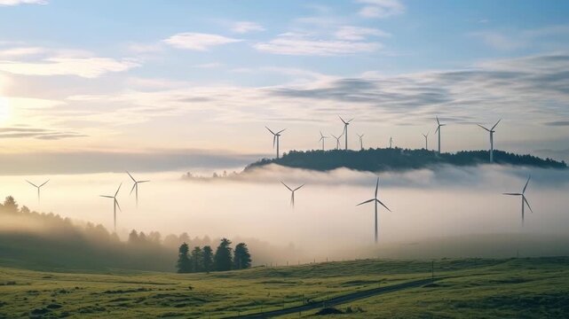 Wind Farm Turbines Emerging Above Mist and Fog at Sunrise