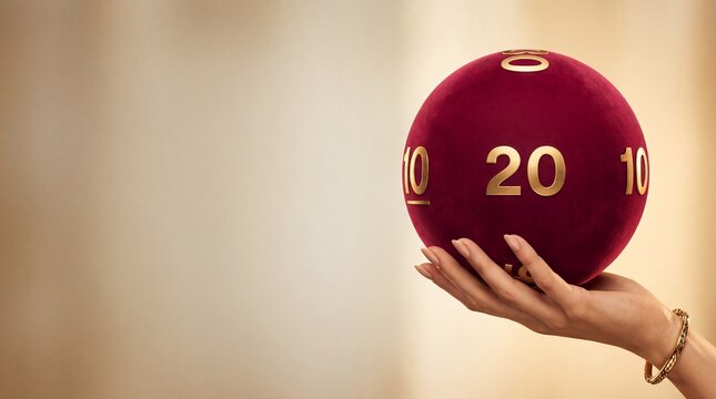 Lottery ball velvet burgundy numbers hand holding gold beige elegant ideal for lottery advertising casino promotions gambling websites digital screens and premium prize draw banner campaigns