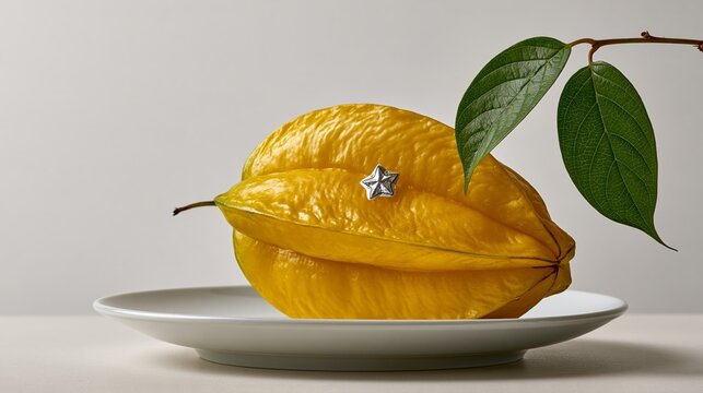 Star fruit with a tiny star-shaped sticker on its side, funny fruit photo with copy space