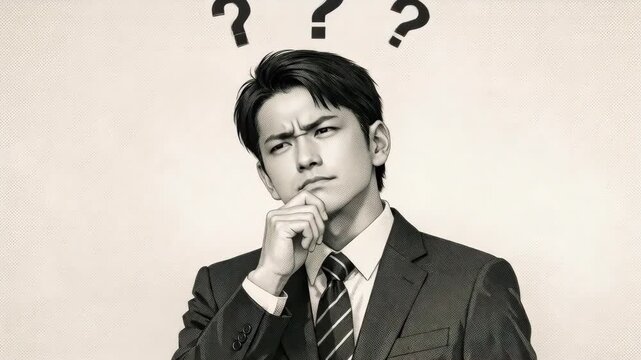 Thinking Japanese Man in a Suit with Question Marks