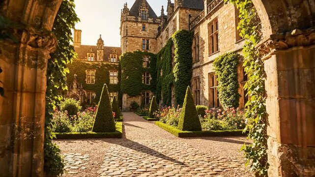 Ancient stone archway framing a scenic historic castle courtyard garden
