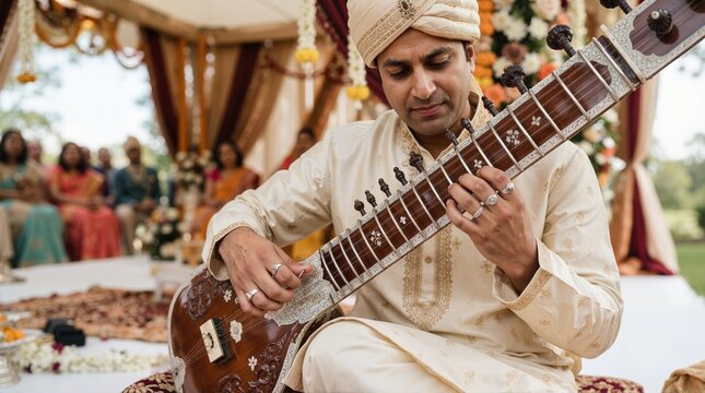 Indian man in traditional attire playing a sitar at an outdoor wedding ceremony. Classical musician performing cultural music under a floral mandap