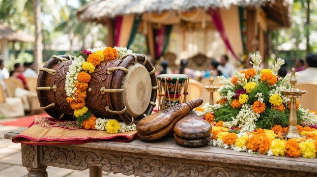Traditional Indian wedding musical instruments decorated with marigold garlands. Wooden drum and cymbals on a carved table at a Hindu marriage ceremony
