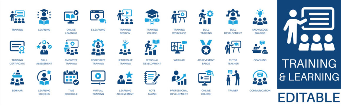 Training and corporate learning solid icon set. Includes symbols for Workshop, Webinar, Mentoring, Online Course, Coaching, and Seminar. Vector icons for HR presentations and staff onboarding.