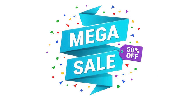 Mega sale promotional banner with 50 percent off tag isolated on transparent background