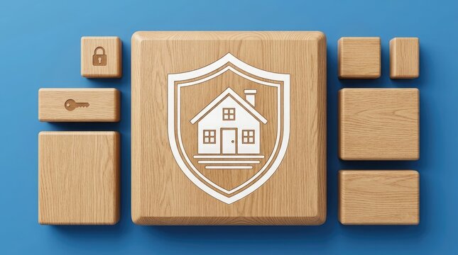 House icon protected by a shield symbol engraved on a wooden cube represents real estate insurance coverage and home security solutions for modern property owners.