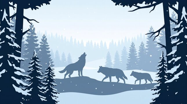 Silhouette of wolves walking through snowy pine forest, winter wildlife and wilderness concept flat design illustration.