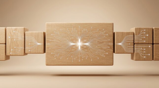 Central wooden block featuring a glowing electronic circuit board pattern connects to peripheral cubes to represent data flow and integrated network architecture.