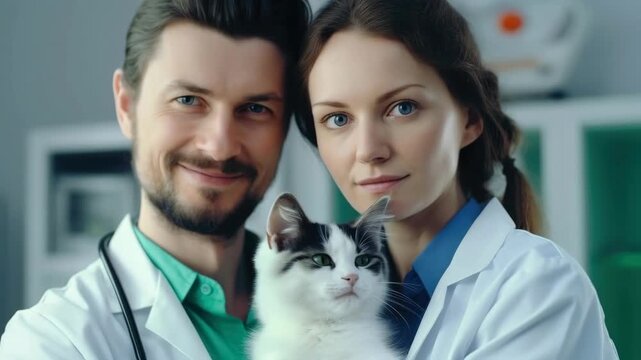 Smiling male and female veterinarians with a pet cat in a clinic